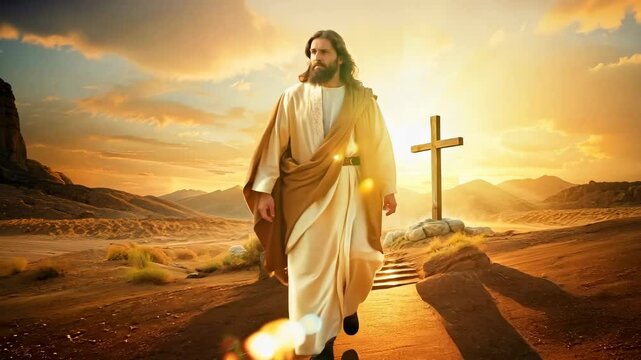 Jesus Christ with sun rays walking in white robe 4K