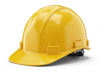 Fototapeta premium A close up studio shot of a bright yellow hard hat on a white background with a glossy finish