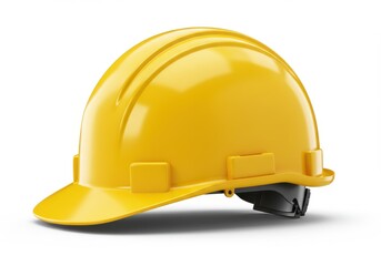 Fototapeta premium A bright yellow hard hat isolated on a white background providing safety and protection gear worn at work