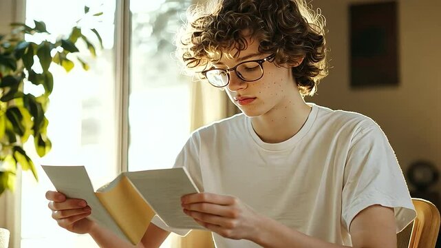 Teen studying with flashcards in a bright sunny room
