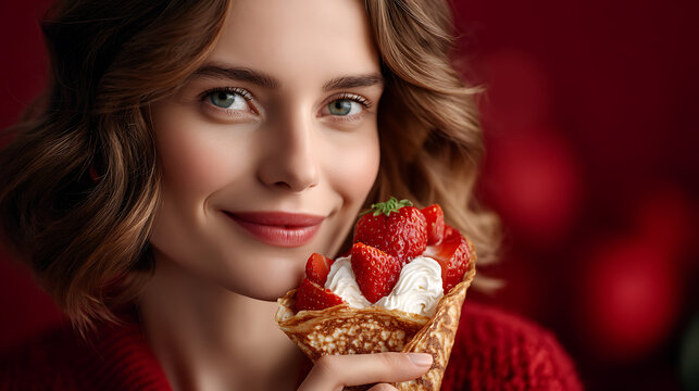Beautiful woman eating crepe in colorful background close-up dessert photography delightful experience