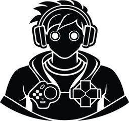 Digital Gaming Silhouette: A striking monochrome illustration of a focused gamer, 
