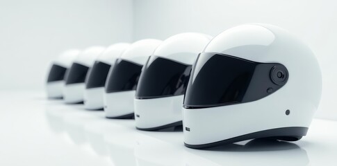 Close-up of pristine white helmets in a row on white surface, construction, protection
