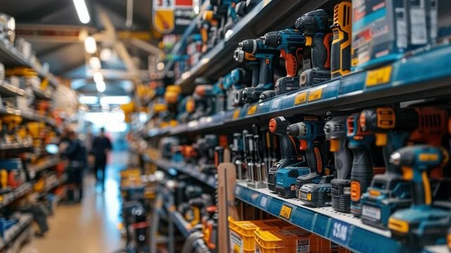 Hardware store aisle featuring a wide variety of cordless power tools for construction and renovation