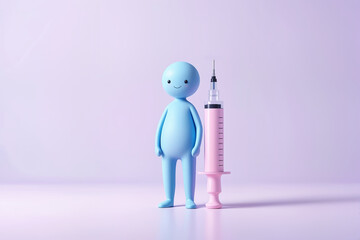 Minimalistische Szene mit pastellblauer, menschlich geformter Figur ohne Gesicht neben übergroßer pastellrosa Spritze vor pastelllavendelfarbenem Verlauf – Darstellung von Gesundheitsthemen