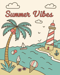 Obraz premium Retro Summer Poster Vector Illustration Design with Vibrant Colors