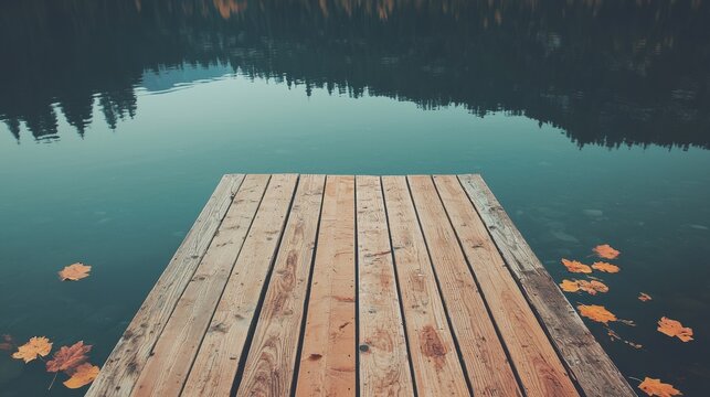 Serene wooden dock over calm water surrounded by trees.