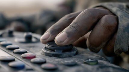 Close-up of a person's hand operating a control panel.  A hand with dirt and grime, adjusting a dial on a dusty, complex control panel