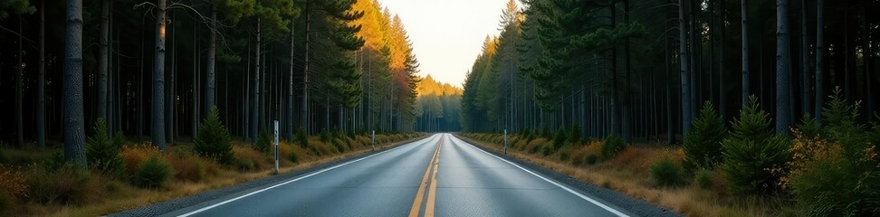 Fototapeta premium The deserted road stretches into the dense forest with tall trees, wilderness, lonely, solitude