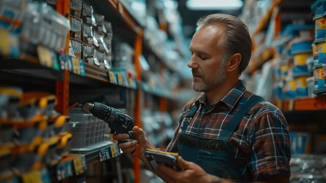 Man in checkered shirt and overalls examining a cordless drill in a hardware store aisle, symbolizing tool selection, home improvement, professional construction work, and DIY shopping environment