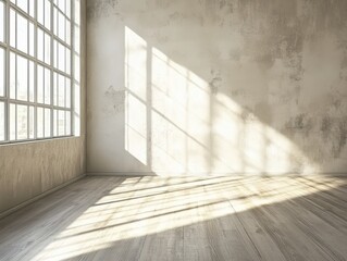 Obraz premium Bright Sunlight Streaming Through Large Window Illuminating Empty Room with Rustic Wall and Wooden Floor Creating Minimalist Interior