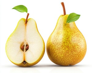 Fresh Yellow Pear Isolated on White Background with Sliced Pear Halves Showing Texture and Seeds, Healthy Fruit Concept