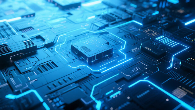 Blue Tech Circuit Board Background with Glowing Data Network Lines and Futuristic Geometric Patterns, Digital Innovation Design for AI Technology, Cybersecurity Interfaces