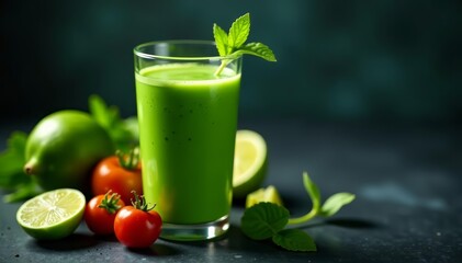 Close-up of refreshing green juice with sliced fruits and vegetables on a dark background, health, fresh