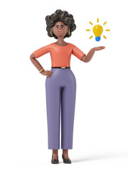 A woman presents a glowing lightbulb, symbolizing a new idea or innovation. 3D rendering, conceptual image. Isolated on white background.