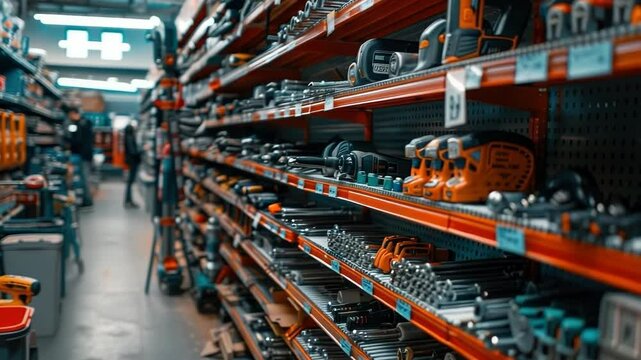 Hardware store aisle featuring a wide variety of cordless power tools for construction and renovation