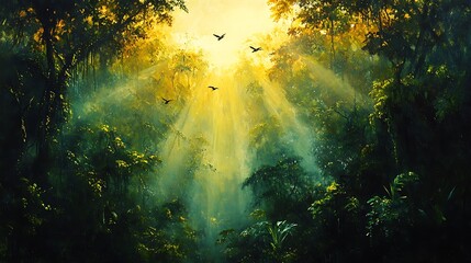 A vibrant oil painting of the Amazon Rainforest’s lush canopy, golden sunlight filtering through dense emerald leaves, exotic birds soaring above, mist rising from the jungle floor,