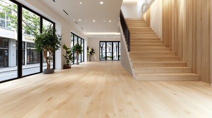 Modern light filled hallway with wooden staircase
