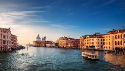 Fototapeta premium Scenic Sunset View of Venice Grand Canal with Boats and Historic Architecture, Italy.