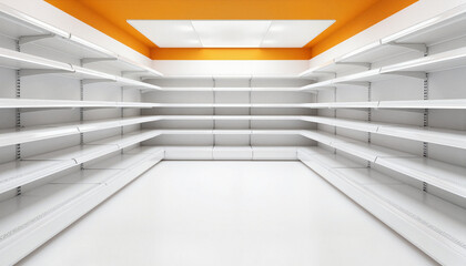 Fototapeta premium Empty modern retail shelves against an orange ceiling 