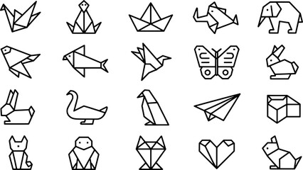 Collection Of Geometric Line Art Origami Animals And Objects Vector Illustrations