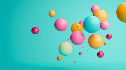 Colorful spheres of various sizes float against vibrant turquoise background, creating playful and dynamic composition. spheres are shades of pink, orange, and blue, adding cheerful and modern
