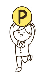 ポイントのコインを持っている女の人のシンプルイラスト