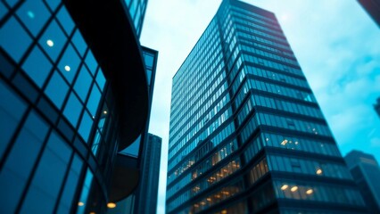 Blue modern office building in the city toward the sky