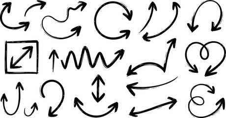 Set Of Hand Drawn Arrows Pointing Directions And Different Shapes