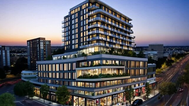 Modern urban living: architectural showcase of upscale apartments and shopping complex