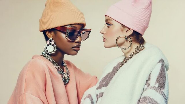 Fashion models wearing trendy winter clothes and accessories