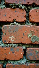Weathered brick surface with moss and lichen growth, natural, stone, weathering