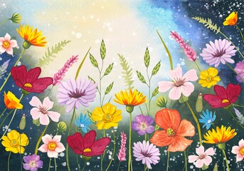 Border with meadow flowers. Watercolor illustration