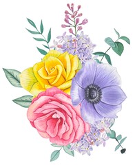 Spring floral bouquet. Floral arrangement with roses, lilacs,  anemone. Watercolor illustration