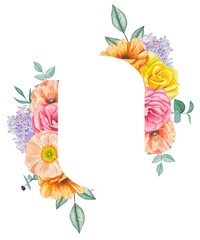 Frame with spring flowers, lilac, poppies, roses. Watercolor illustration