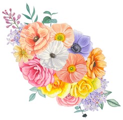 Spring floral bouquet. Floral arrangement with roses, lilacs, poppies, anemone. Watercolor illustration