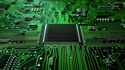 A close-up view of a green circuit board showcasing intricate patterns and a central processing unit, highlighting technology and innovation.