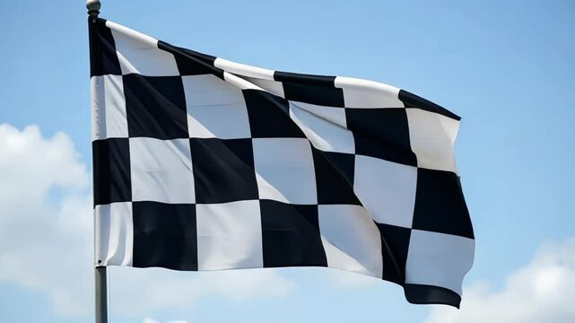 Victory Concept &ndash; Checkered Flag Waving in Blue Sky
