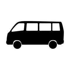 Simple black silhouette of a passenger van with windows and tires