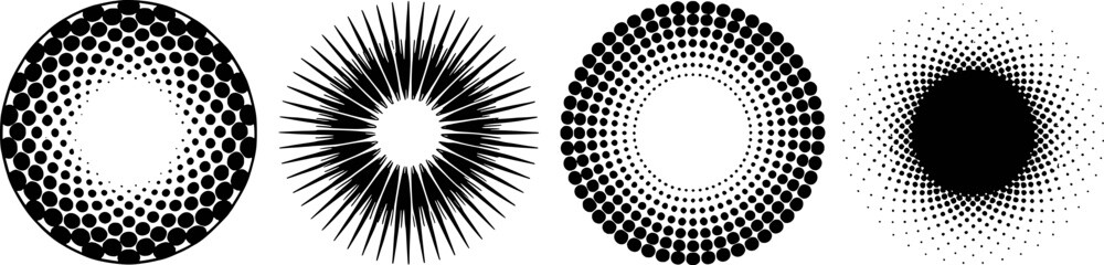 Fototapeta premium Black And White Geometric Radial Designs With Halftone Dots And Lines