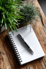 A modern, blank notebook and pen set against a wooden background with elegant green plants for a stylish touch.