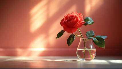 Fototapeta premium Single Red Rose In Clear Glass Vase On Softly Lit Surface With Shadows Representing Beauty Romance And Simplicity