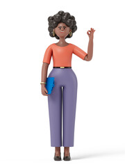 A woman holds a folder and makes an OK gesture, symbolizing successful completion or agreement. 3D rendering, conceptual image. Isolated on white background.