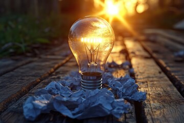 Idea bulb amidst crumpled papers