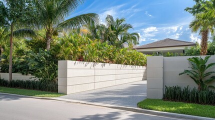 Modern Entrance with White Wall, Lush Greenery, and Palm Trees on a Sunny Day