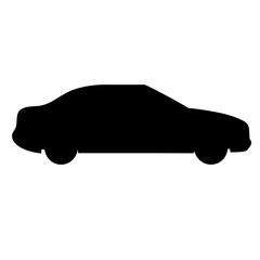 Silhouette of a four door car with wheels and rounded top.