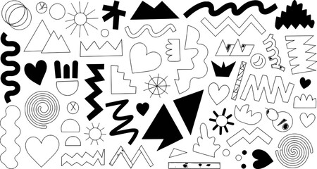 Abstract Doodle Art With Hearts Suns Mountains And Swirls In Black And White