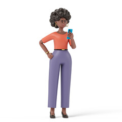 A woman looks at his phone, symbolizing connectivity or communication. 3D rendering, conceptual image. Isolated on white background.