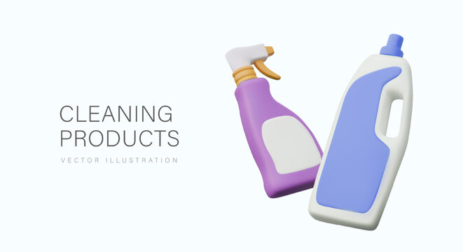 Plastic bottles for liquid detergents. Containers of various types. Bottle with handle, spray nozzle. Isolated templates for advertising detergents, bleaches, fabric softeners