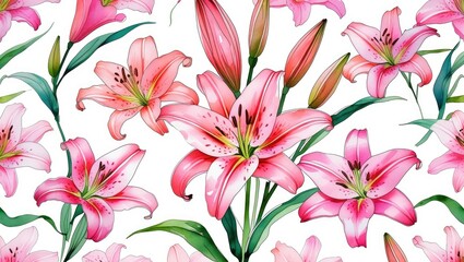 Pink lilies, flower set isolated white background. Watercolor illustration design